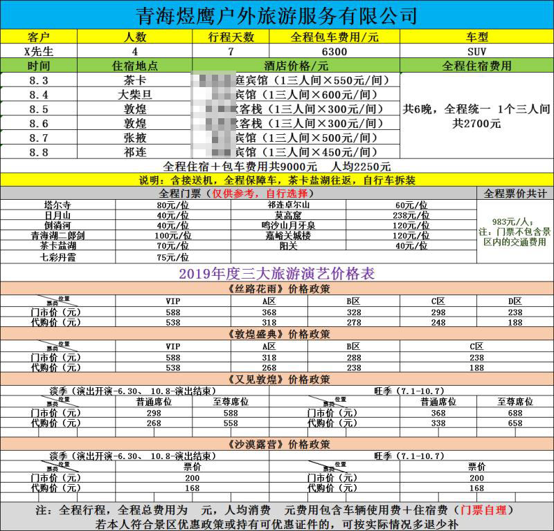 青海大環(huán)線包車價格表(僅供參考以實際價格為準(zhǔn))